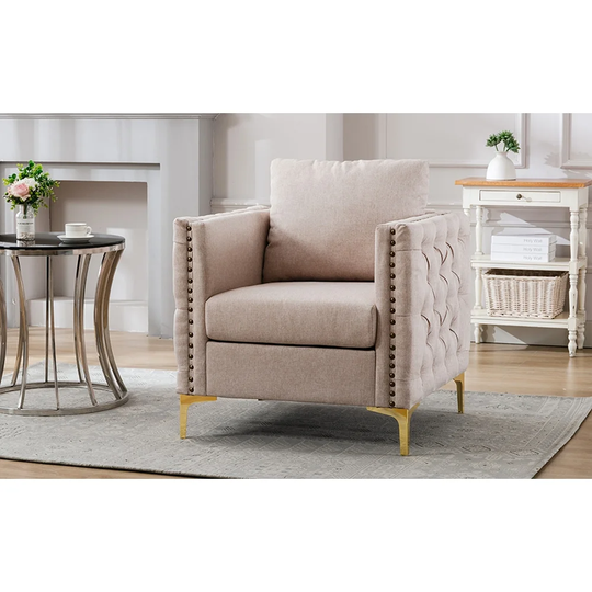 Velvet Armchair Tufted Button Accent Chair Club Chair with Steel Legs