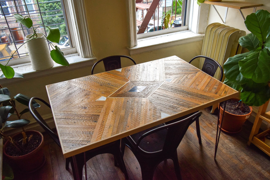 Custom Reclaimed Wood Lath Dining Table With Marble + Granite Inlay