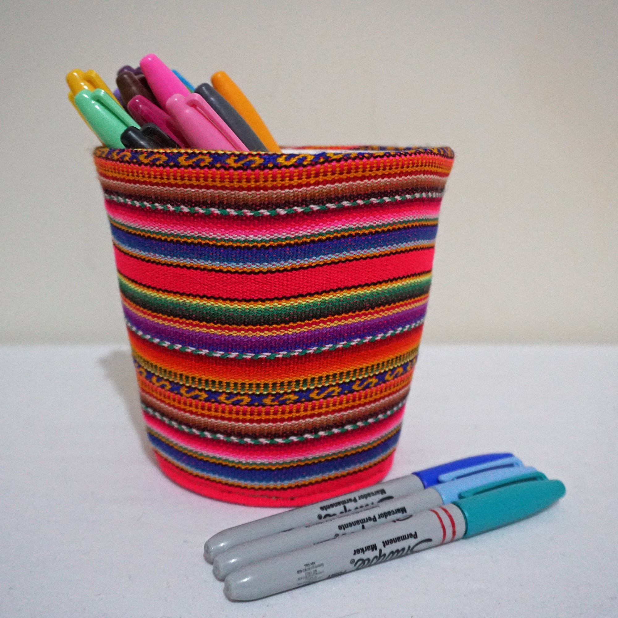 Peruvian Colorful Pencil Holder/Handmade Knotted Pen Pot Boho Flowers Basket Indoor Fabric Plant Cover