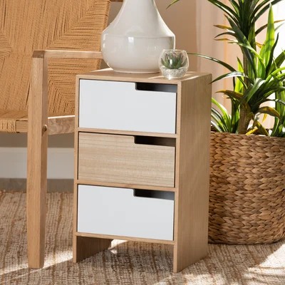 Geordie Modern And Contmeporary Two-Tone White And Oak Brown Finished Wood 3-Drawer Storage Cabinet