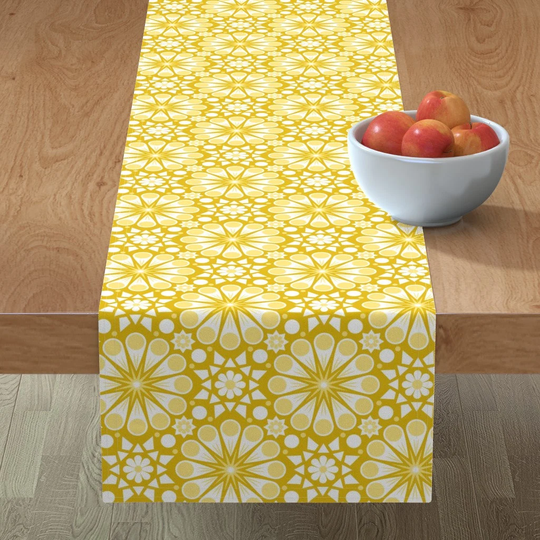 Yellow Daisy Geo Table Runner - Retro Geometric Floral By Latheandquill Vintage Nostalgic Cotton Sateen Spoonflower