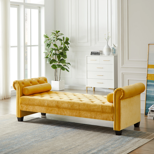 Fabric Tufted Rectangular Large Sleeper Sofa Stool with 2 Pillows, Pleuche Frame and Eucalyptus Legs, Yellow