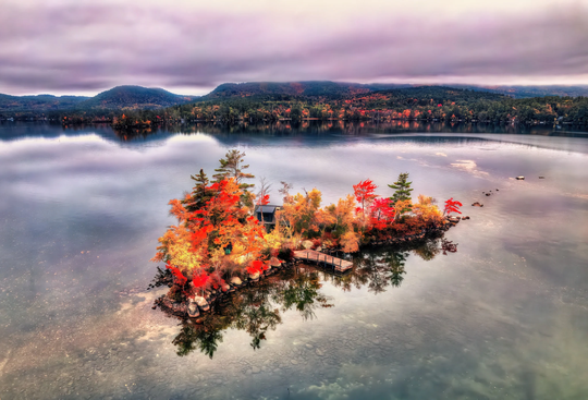 Squam Lake New Hampshire Fall Colors - Island House Nh Canvas Art | Foliage Print Photo Paper Framed Picture Metal