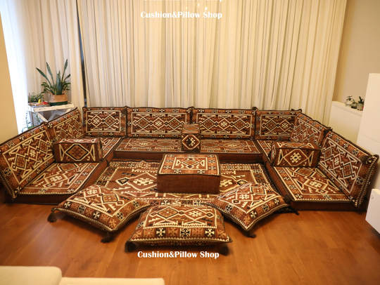 Brown Sofa, Arabic Sofa Set, U Shape Majlis Sofa, Bohemian Home Decor, Brown Couch, Oriental Custom Order Ottoman Decor