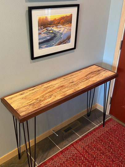 New - Spalted Maple & Black Walnut Sofa Table, Hallway Entry Table With Iron 3-Hairpin Legs