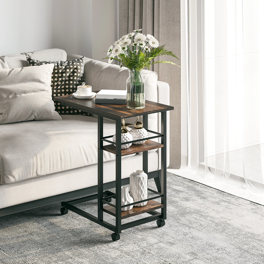 HOMCOM C Shaped End Table with Storage Shelves, Mobile Side Table with Wheels
