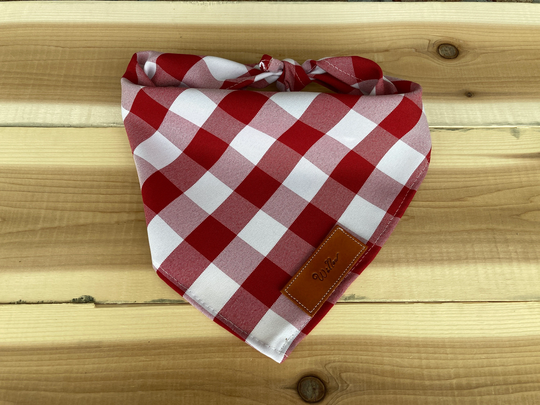 Dog Bandanas, Red White Check Bandana Traditional Tie Personalized Leather Name Tag Bandanna, Over Collar, Pet Accessories