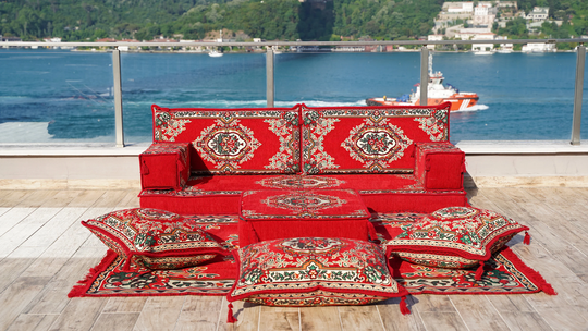 Red Arabic Floor Sofa Set, Medtitation Yoga Sofa, Terrace Pallet Traditional Seating, Loveseat, Oriental Cushions, Majlis