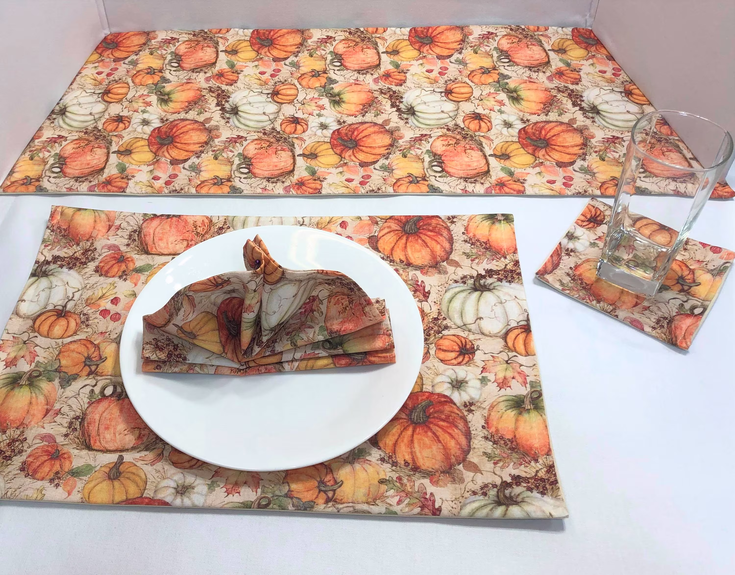 Fall Pumpkins & Leaves Table Runner Placemats Coasters & Cloth Napkin Set