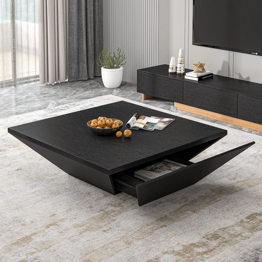 Modern Square Drum Coffee Table, Minimalist Wood Trapezoid Coffee Table with Storage, Oak Veneer, 39.37", Fully Assembly, Black