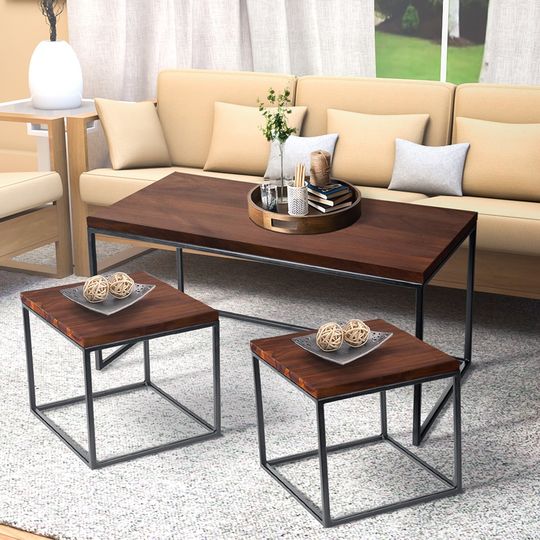 36 and 16 Inch 3 Piece Nesting Coffee Table Set, Solid Acacia Wood, Metal Frame, Brown, Black