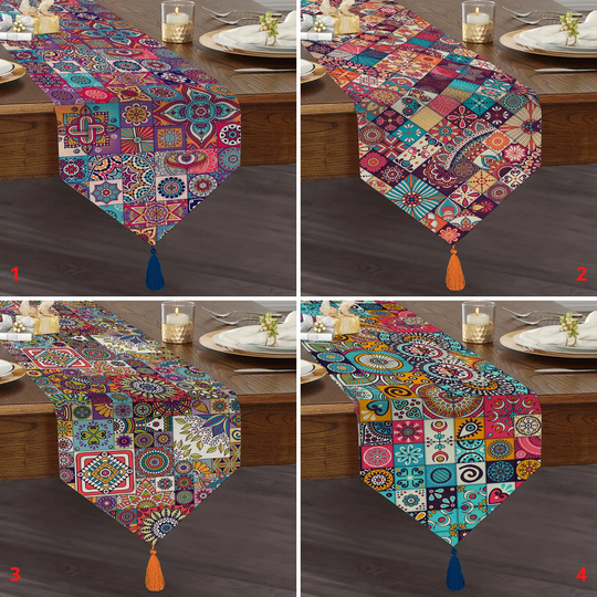 Ethnic Pattern Triangle Table Runner, Tile Style Top, Traditional Tablecloth, Tasseled Authentic Bohemian Deco, Mom Gift