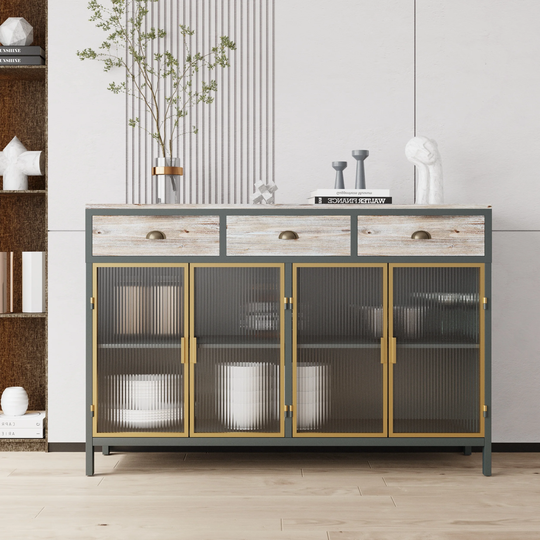 4 Glass Doors Modern Sideboard with 3 Top Drawers, Freestanding Sideboard
