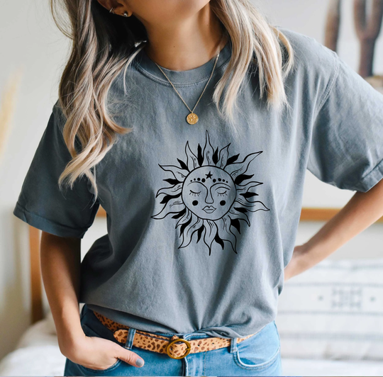 Comfort Colors Celestial Shirt, Hand Drawn Sun T-Shirt, Boho Comfy Oversized Shirt