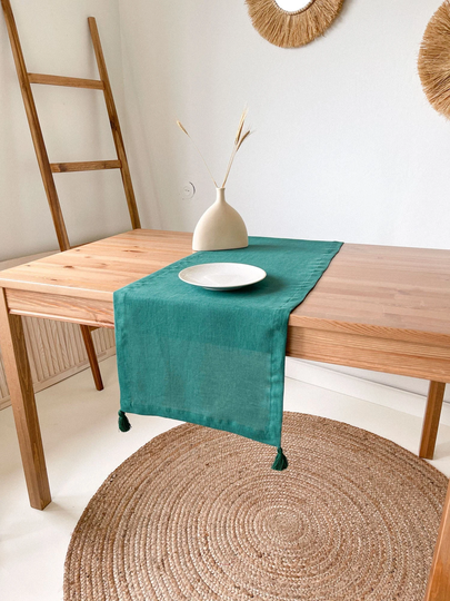 Table Runner With Tassels, Forest Green Linen Top