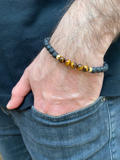 Men's Lava Bracelet With 5 Tigereye Beads Separated By 2 14K Gold Roundel - Gift For Husband Dad