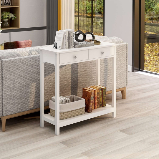 White Console Table with 2 Drawers Modern Wood Entryway Couch Sofa Table with Storage Shelf,Entryway Table(White)
