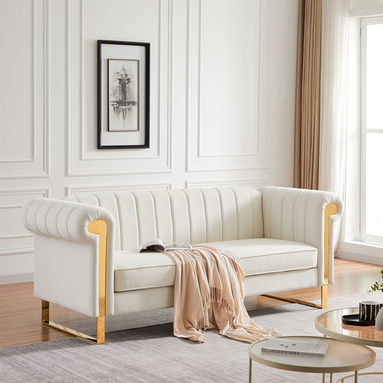 83" Modern Velvet Fabric Sofa, Collection Contemporary Velvet Upholstered Sofa Couch with Gold Stainless Steel Arm and Legs