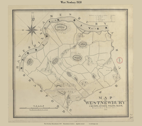 West Newbury 1830 Town Plan - Old Roads Reprint Restored Massachusetts Archives Ma