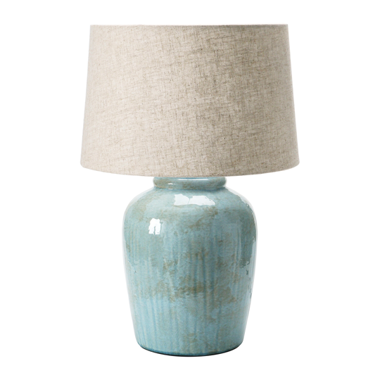 Coastal Aqua Blue Ceramic Stoneware Table Lamp with Natural Ivory Linen Shade, Reactive Glaze Finish