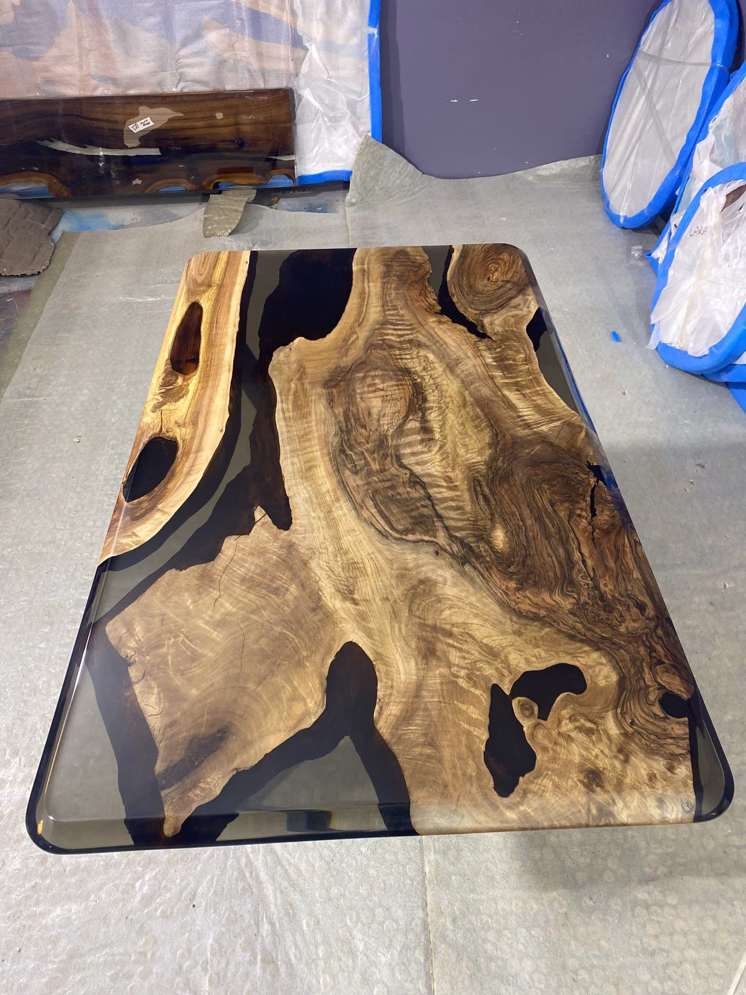 Epoxy Table, Dining Custom 60" X 35" Walnut Smokey Gray River Live Edge Order For James K