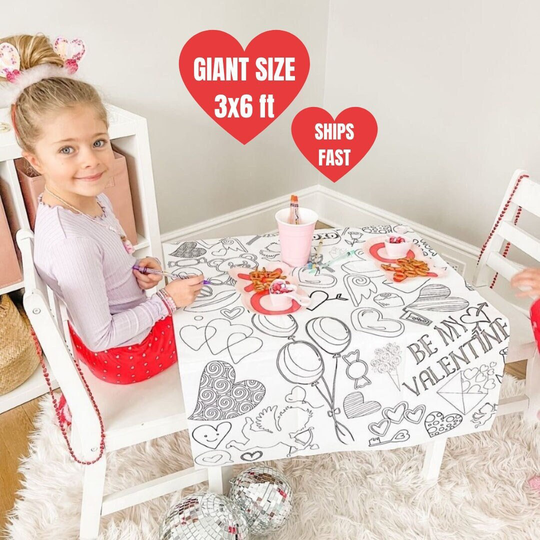 Valentine's Party Decor | Large Coloring Poster Kids Valentine Craft Activity School Valentines Tablecloth