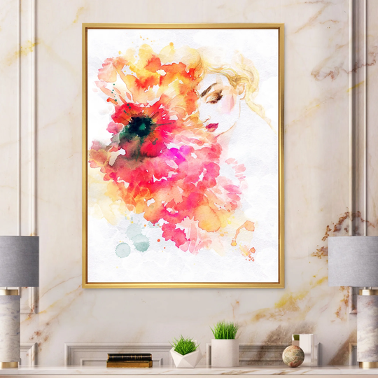 Designart 'Floral Stylish Fashionista In Vibrant Colors' Glam Framed Canvas Wall Art