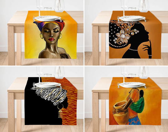 African Beauty Table Runner, Girl Top, Ethnic Kitchen Woman Print Cover, Rectangle Tablecloth, Boho House Decor