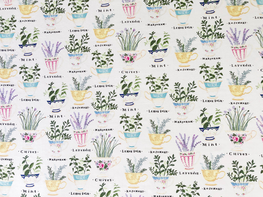 Herbal Teacup Botanical Cream Quilting Cotton Fabric By 1/4 Or 1/2 Yard Fat Quarter, Rosemary Lavender Mint Lemon Balm Chives