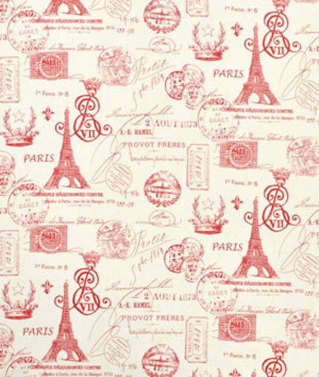Red Paris Decor Linens - Last Ones, Table Runner, Napkins, Potholders, Window Valance, French Print, Red Cream/Ivory, Eiffel Tower, Stamps