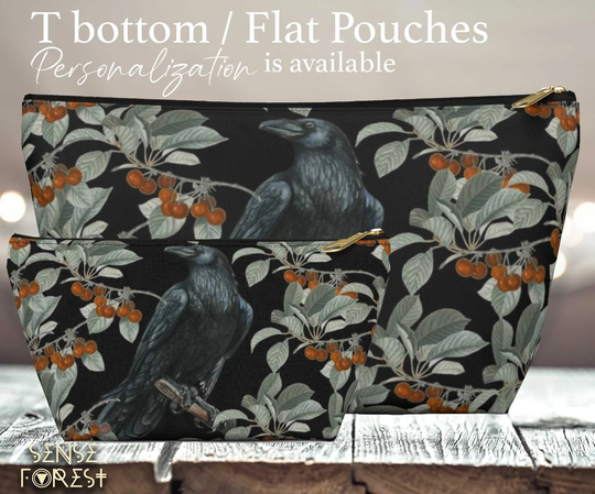 Dark Forest Witch T Pouch, Crow in Cherry Bush Travel Organizer Toiletry Makeup Bag, Pencil Tarot Zipper Hippies Gift