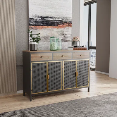 Mid-Century Modern Wood Kitchen Buffet Sideboard With 4 Doors And 3 Drawers, Farmhouse Buffet Server Console Table For Home Office Dining Room Decorat