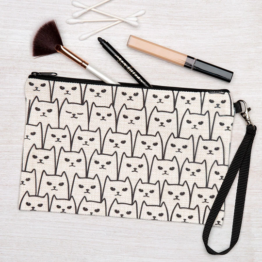 Irregular Cat Zipper Pouch - Linen Makeup Pencil Bag Cosmetic Coin Purse Zip