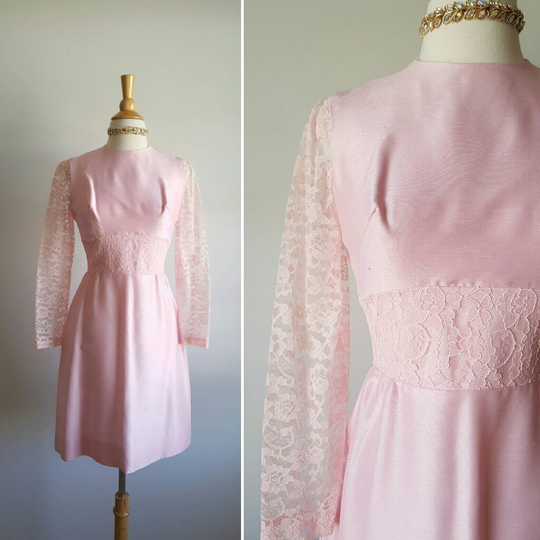 Vintage 1960S Pastel Pink Pencil Dress, Raw Silk Look, Sheer Lace Long Sleeves, High Cummerbund Waist, Cocktail Party Or Office