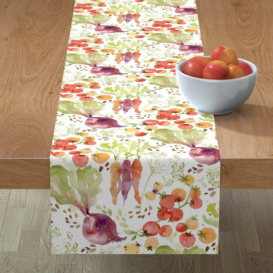 Watercolor Botanical Table Runner - Heirloom Garden By Katrina Pete Studio Gardening Vegetables Cotton Sateen Spoonflower