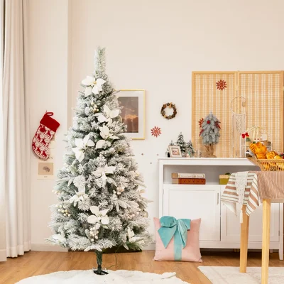Green/White Realistic Artificial Pine Christmas Tree with Flowers