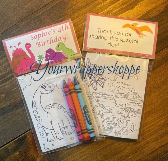 Girl Dinosaur Coloring Pages Party Favors Bags & Toppers Personalized Assembled With 3 Crayola Crayons