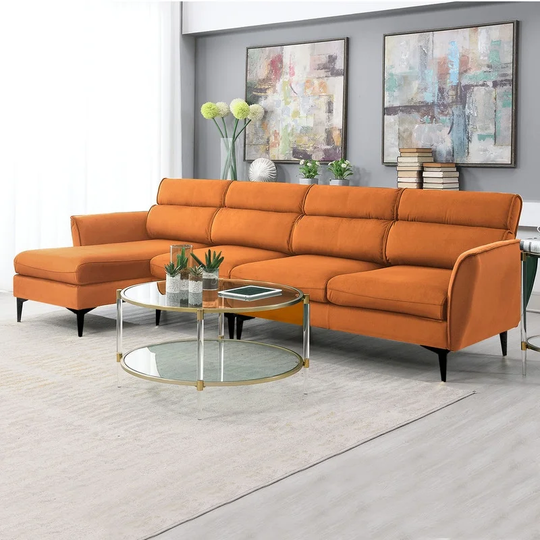 L Shape 5-Seat Couch Convertible Sectional Sofa, Orange Fabric