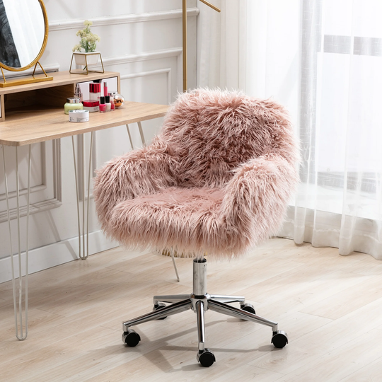 Modern Faux Fur Home Office Chair, Fluffy Chair For Girls, Makeup Vanity Chair, Pink
