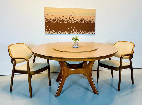 Mid Century Round Dining Table With Lazy Susan & Solid Teak Base, Mcm Laminate Top Susan, Boho