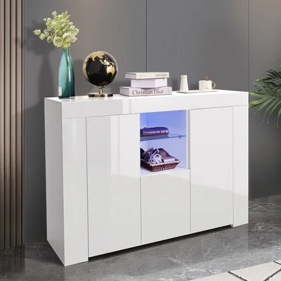 Kitchen Sideboard Cupboard With Led Light, White High Gloss Dining Room Buffet Storage Cabinet Hallway Living Room Tv Stand Unit Display Cabinet With