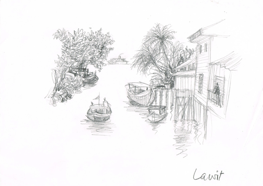 Vintage Original 1980S Small A4 Pencil Drawing Lawit, Singapore By Illustrator Salim Patel