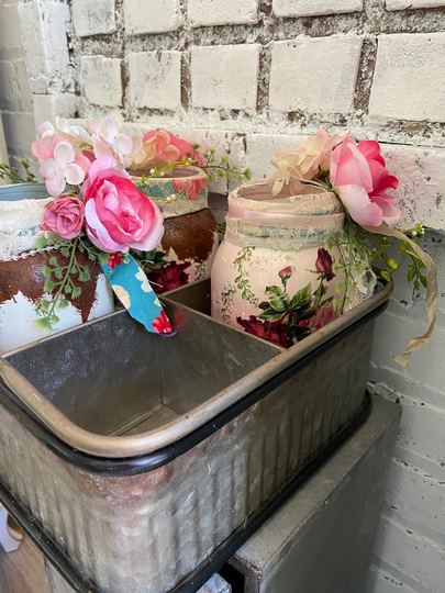 Shabby Farmhouse Table Display, Decorated Canning Jars, Pink Flowers With Lace, Handled Metal & Enamel Tray
