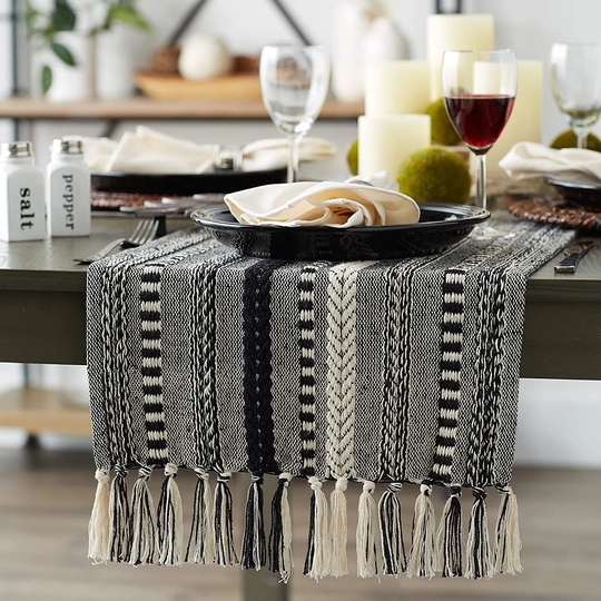 Farmhouse Table Runner - Halloween Vintage Decor Black Boho Fall