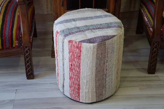 Vintage Eclectic Bohemian Ottoman Round Floor Pouf Chair Bean Bag Stool Living Room Decorative Cover Natural Cotton Material 18x18 Inch