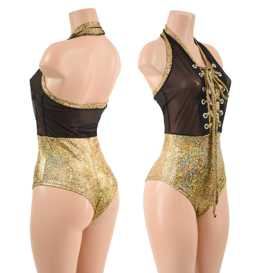 Black Mesh & Gold On Shattered Glass Bella Style Romper With Laceup & Braziliian Cut Leg Emk157821