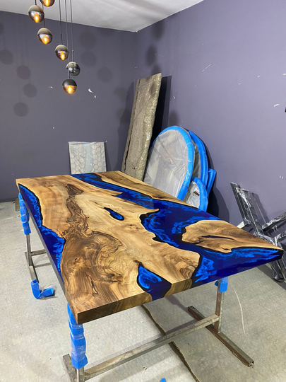 Epoxy Table, Dining Custom 115" X 42" Walnut Ocean Blue, Turquoise White Waves River Table Order For Nathan