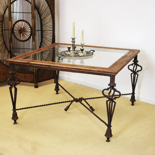 Hand-Crafted Wrought Iron Dining Table With Wood & Glass Top