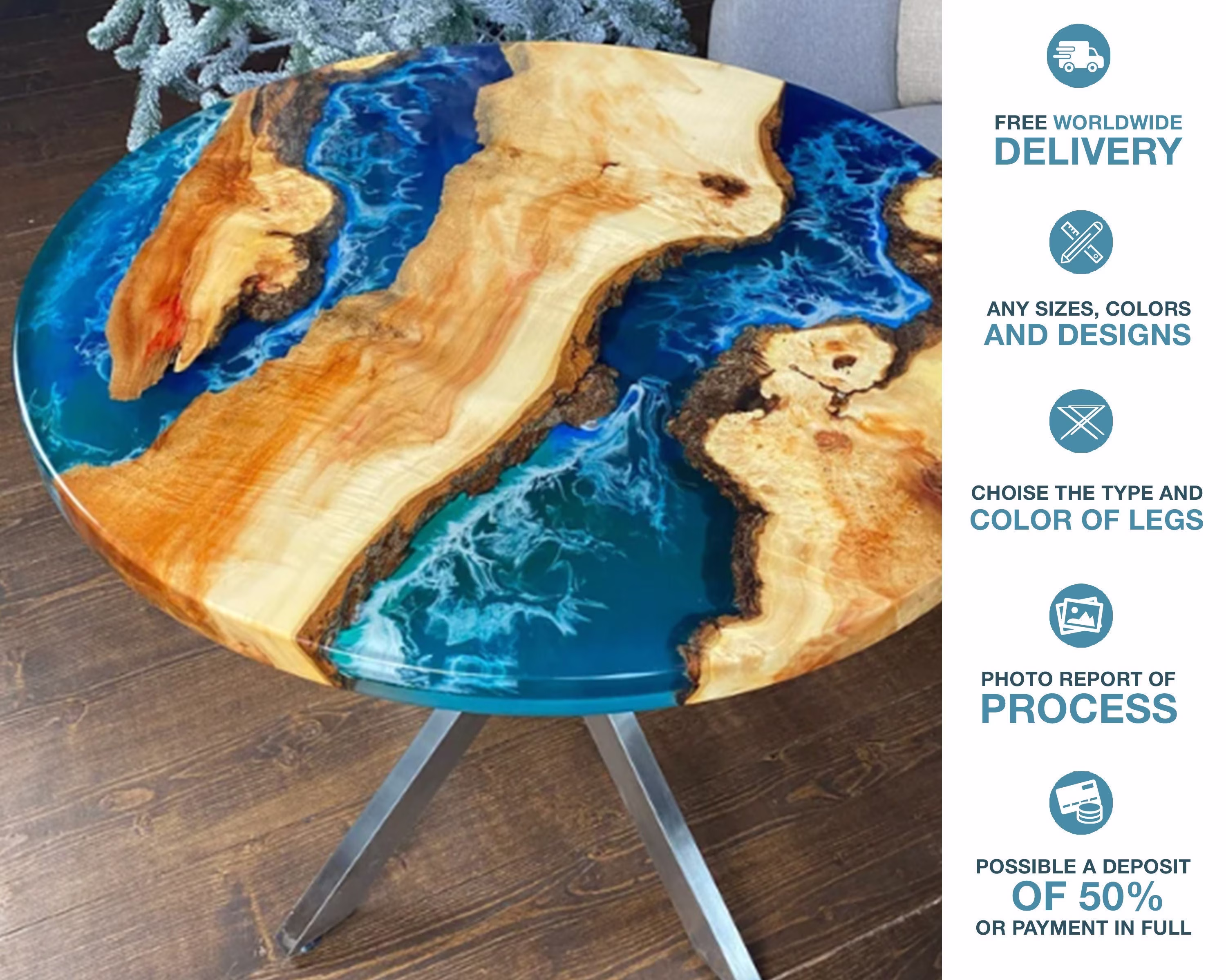 Epoxy Resin Round Dining Table Blue River, Top, Coffee Table, Kitchen Center Room Furniture