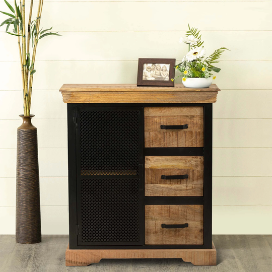 Home Office Cabinet with 3 Drawers and Metal Frame, Oak Brown and Black